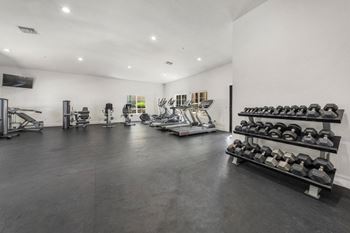 Spacious 24-hour fitness center with free weights